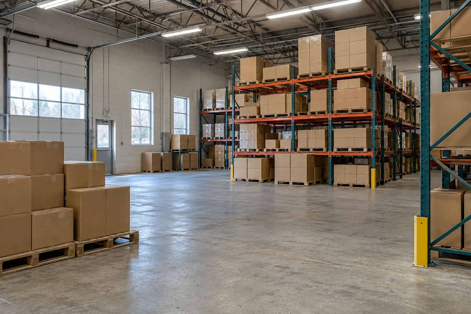 Practical warehouse floor with steel racks and plain cartons viewed from one corner