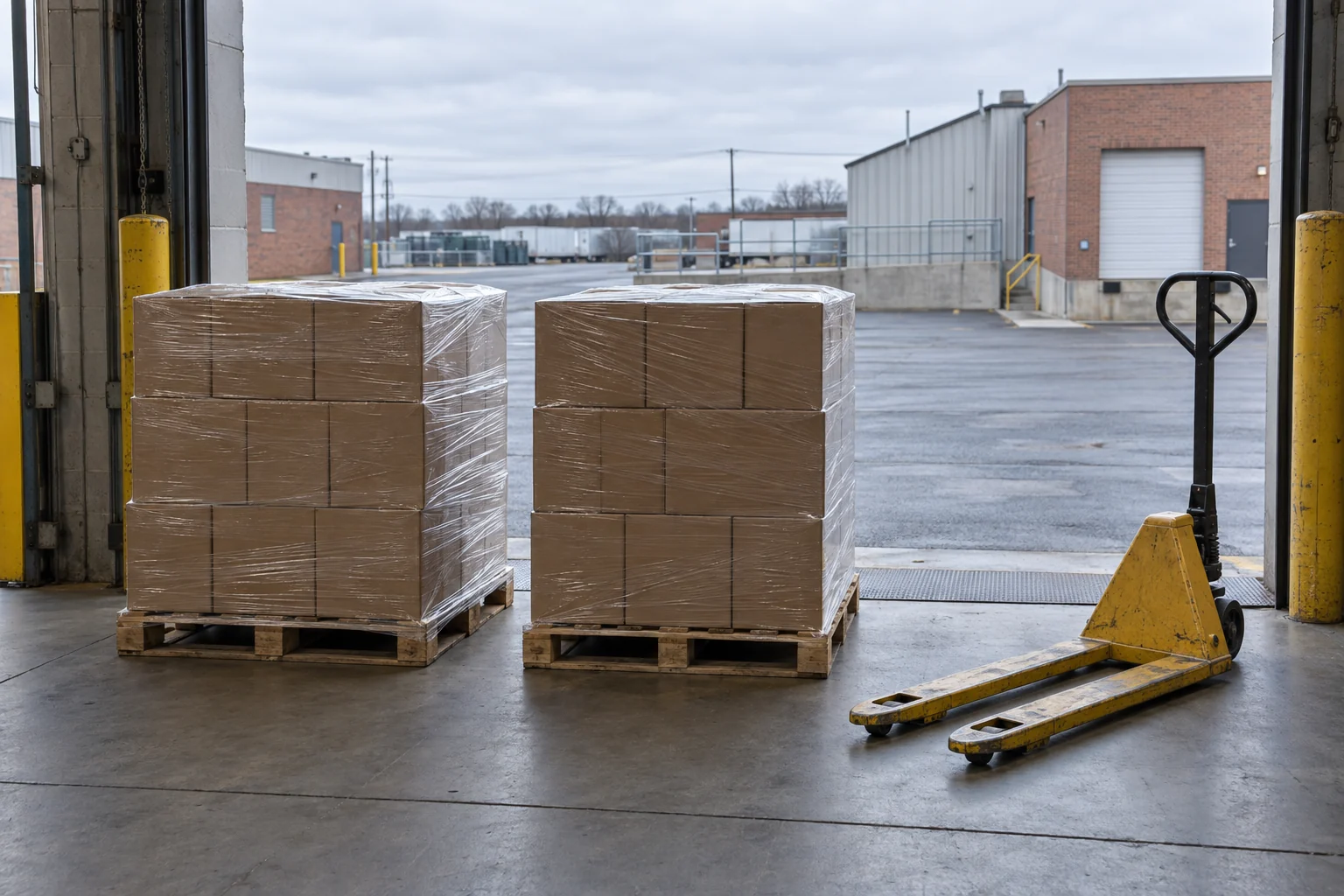 Two wrapped pallet loads positioned inside an open industrial loading doorway