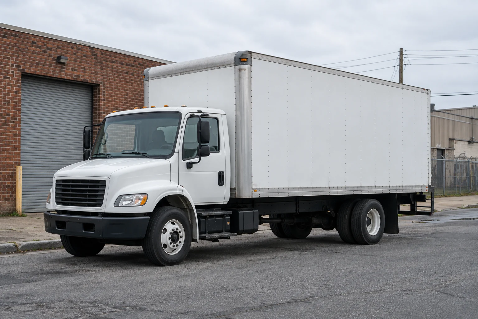 White box truck parked beside a low brick warehouse on an urban Long Island street