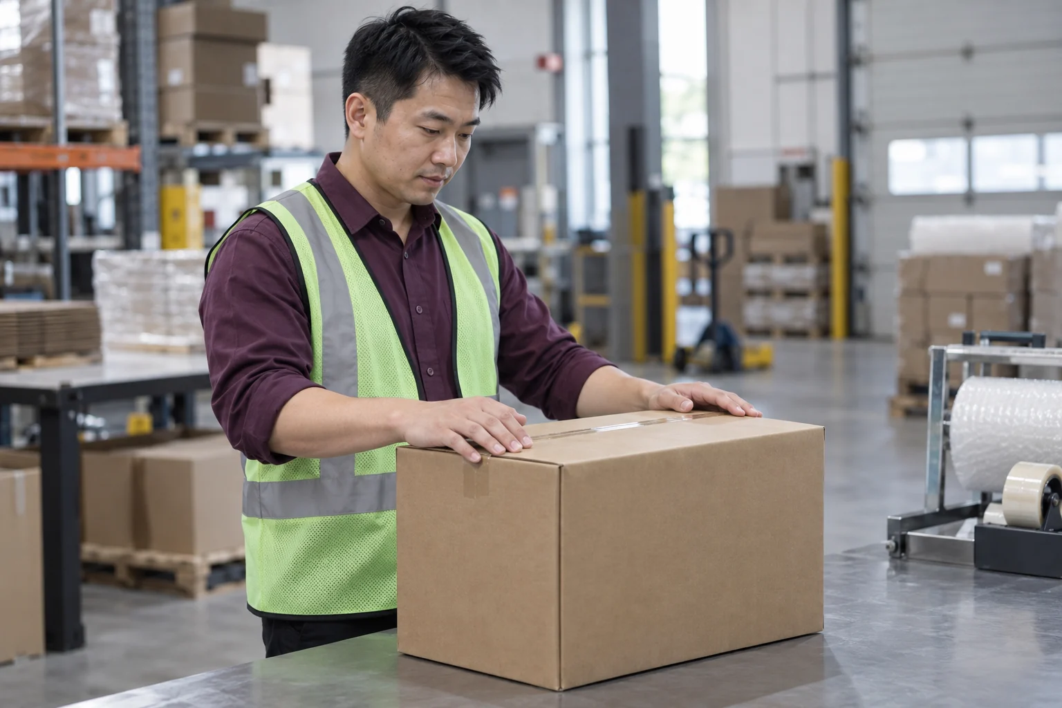 Warehouse worker checking a plain closed carton on a packing table